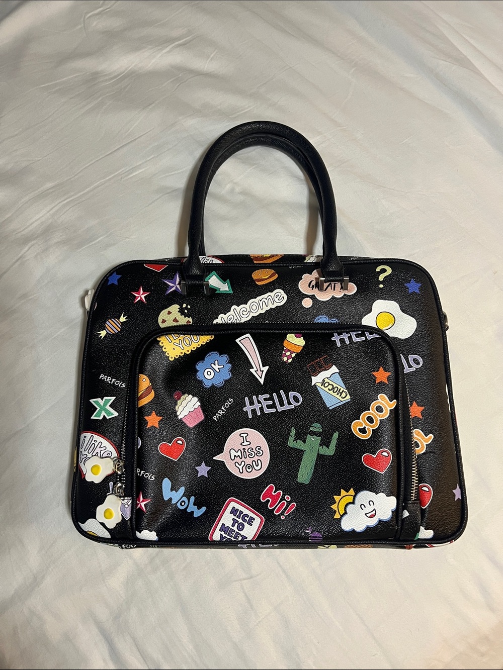 Black Laptop Tote Bag with Colorful Sticker Print